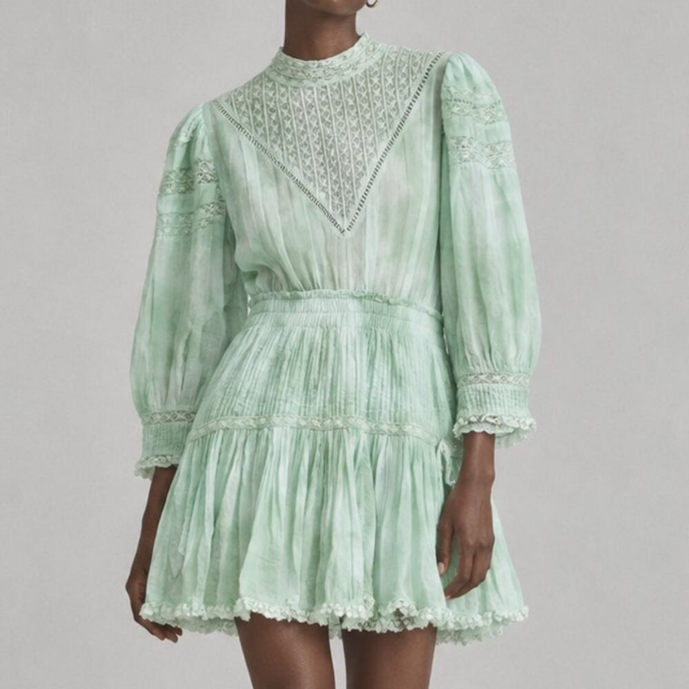 LoveShackFancy Viola Mini Dress Womens L Green Tie-Dye Crochet Long Sleeve